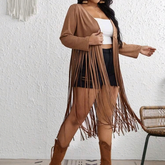 NEW PLUS SZ FRINGE HEM BEADED DETAIL OPEN FRONT COAT VEST - Picture 5 of 6